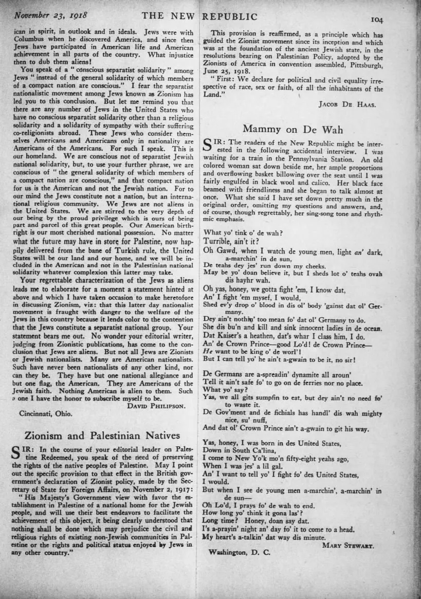We are conscious not of separatist Jewish national solidarity — The New Republic, 23 November 1918