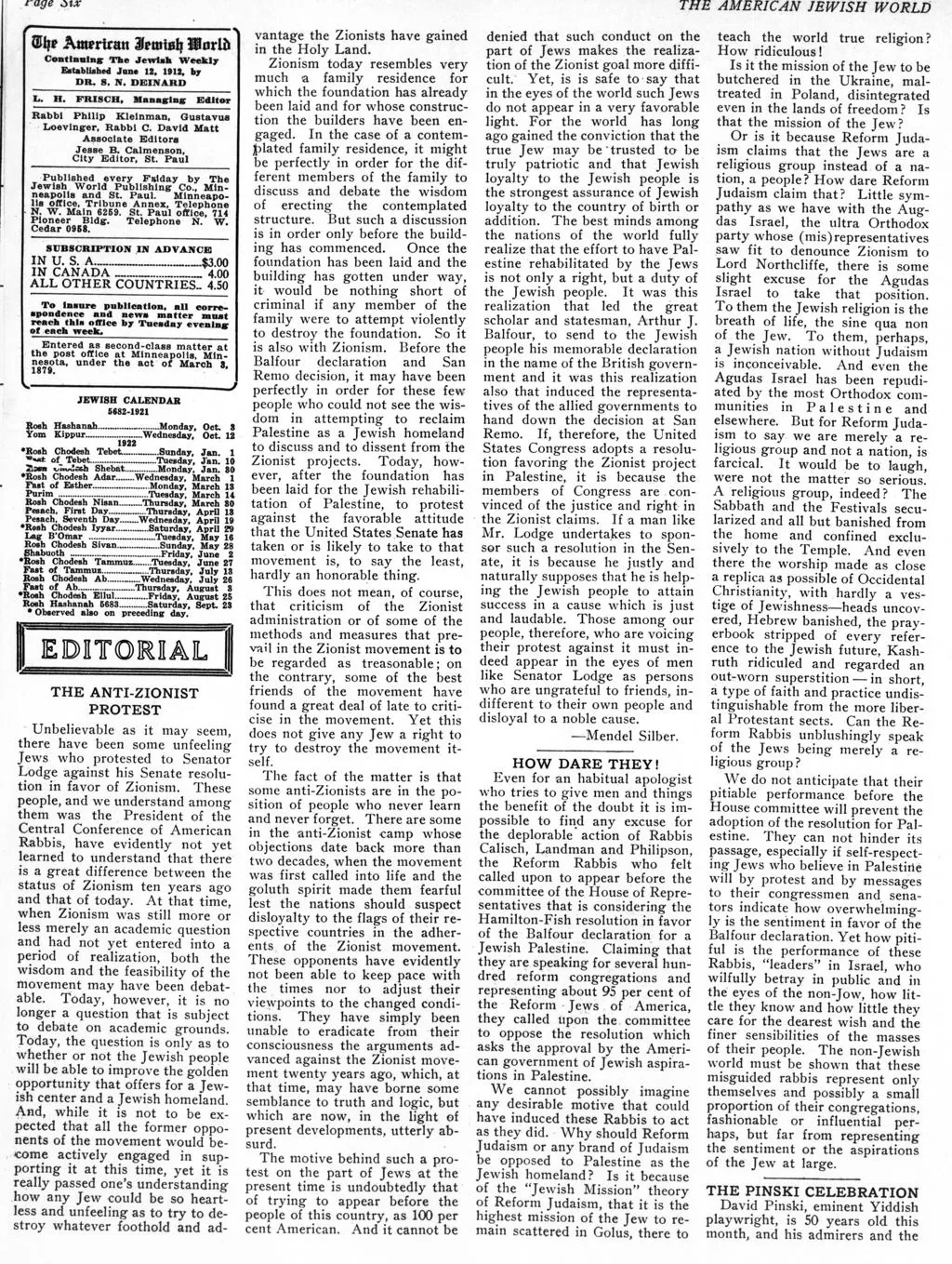 THE ANTI-ZIONIST PROTEST &mdash; The American Jewish World, 28 April 1922