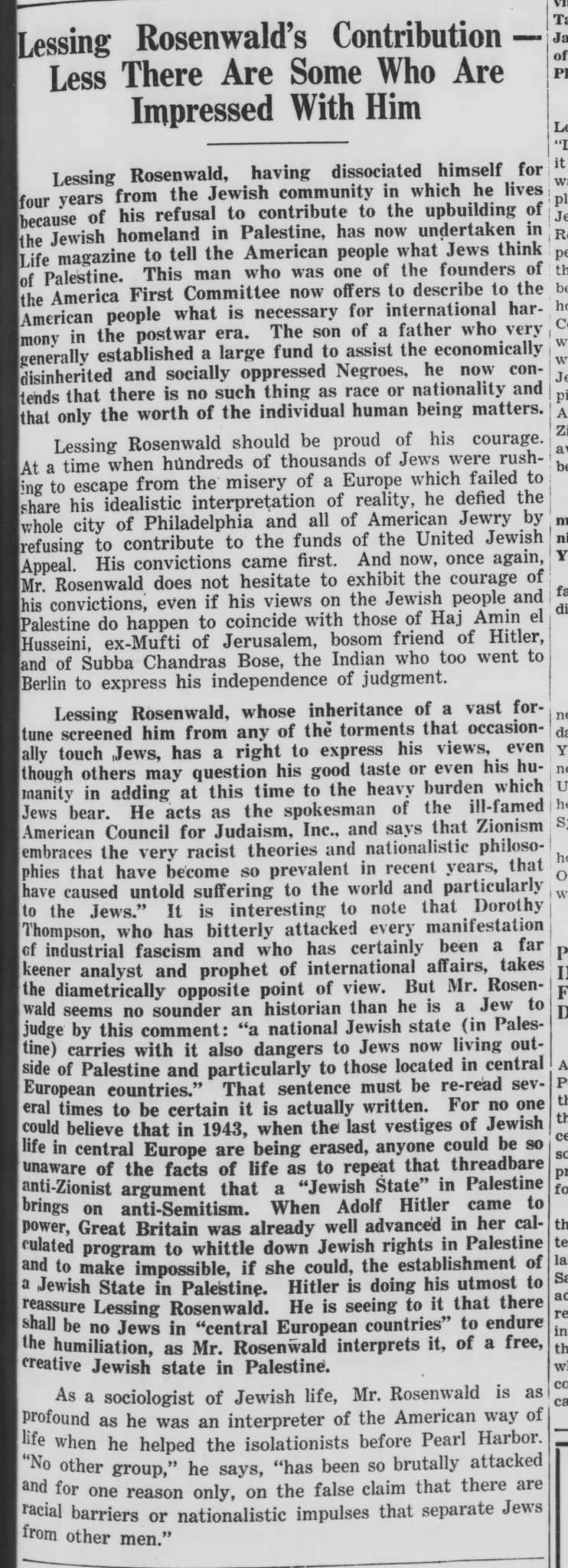 Lessing Rosenwald’s Contribution — Less There Are Some Who Are Impressed With Him &mdash; Southern Jewish Weekly, 2 July 1943