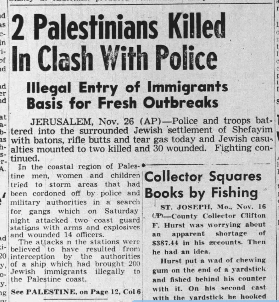 2 Palestinians Killed In Clash With Police &mdash; The Daily Item, 26 November 1945