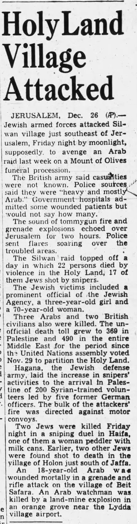 Holy Land Village Attacked — Tyler Morning Telegraph, 27 December 1947