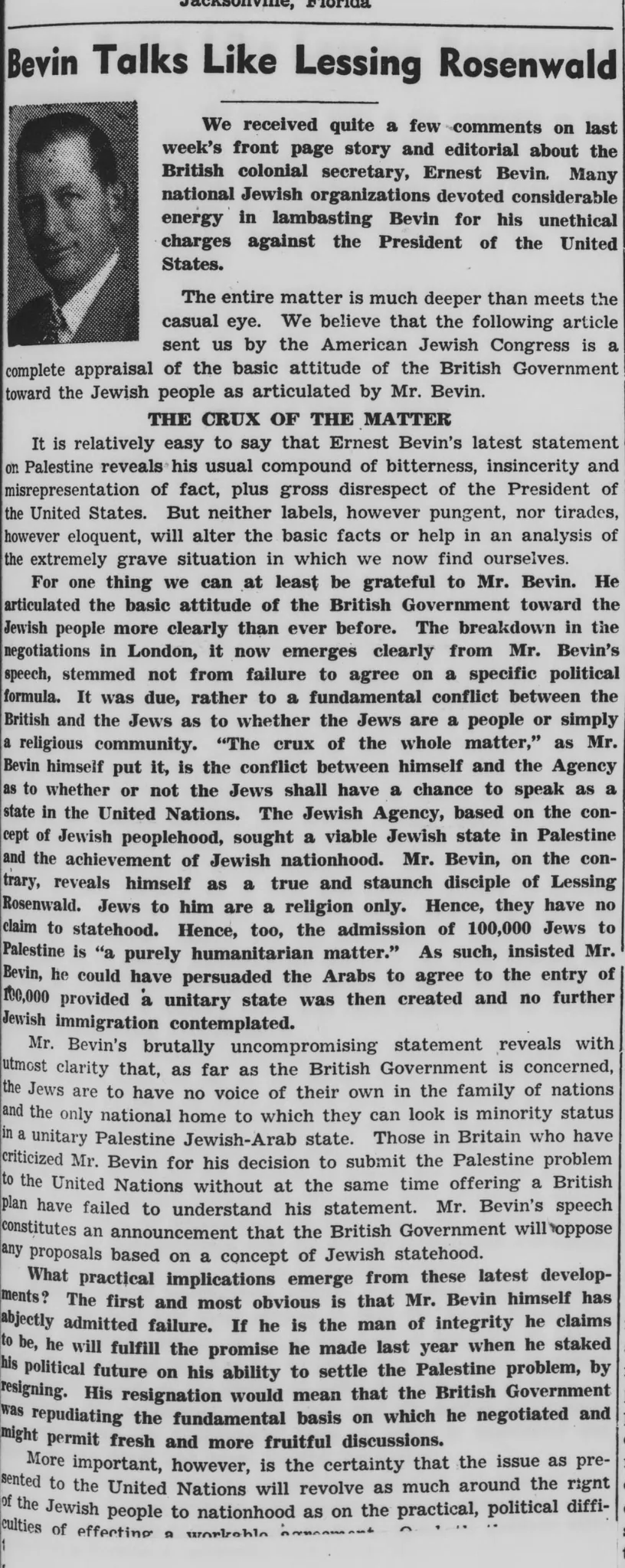 Bevin Talks Like Lessing Rosenwald &mdash; Southern Jewish Weekly, 14 March 1947