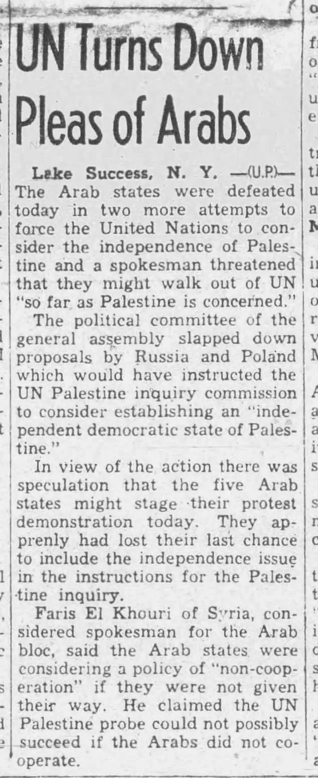 UN Turns Down Pleas of Arabs — News-Record, 13 May 1947
