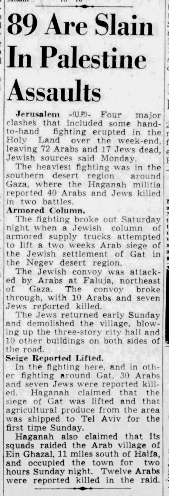 89 Are Slain In Palestine Assaults — Jackson Citizen Patriot, 15 March 1948