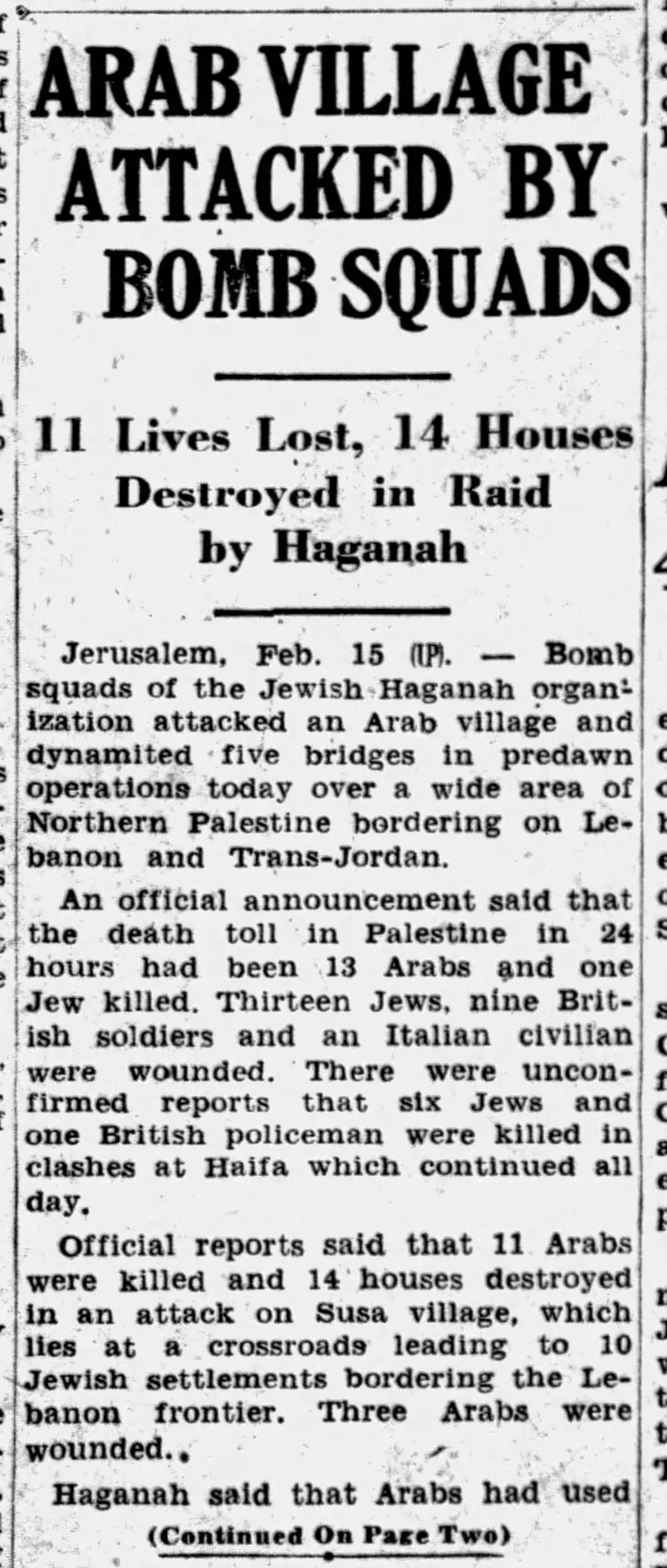 Arab Village Attacked by Bomb Squads — The Times, 16 February 1948