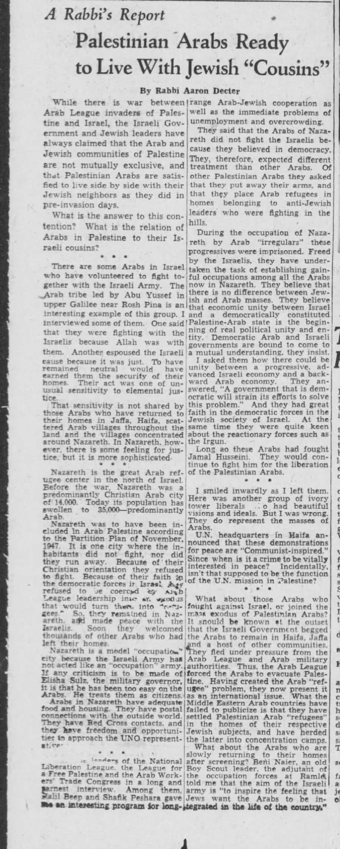 Palestinian Arabs Ready to Live With Jewish “Cousins” — Boston Evening Globe, 2 October 1948