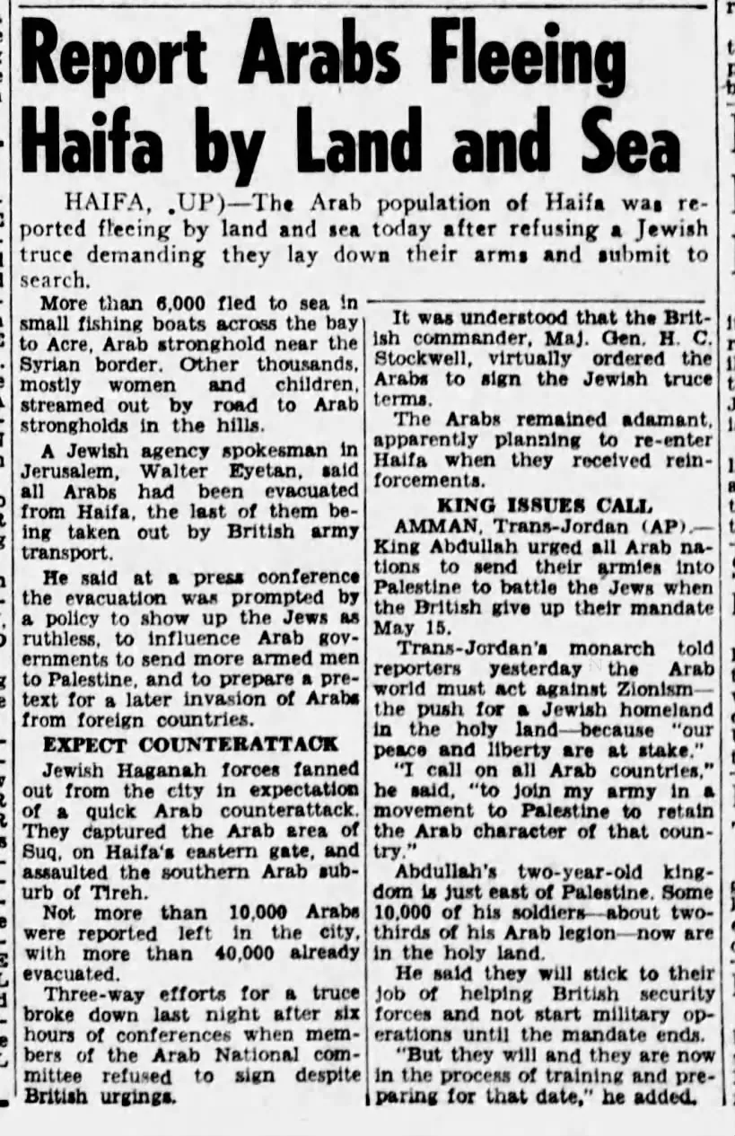 Report Arabs Fleeing Haifa by Land and Sea — The Daily Report, 23 April 1948