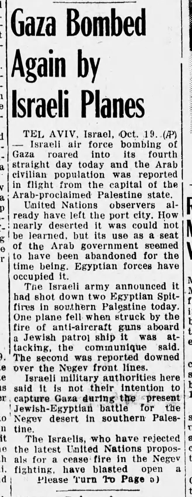 Gaza Bombed Again by Israeli Planes — Havre Daily News, 19 October 1948