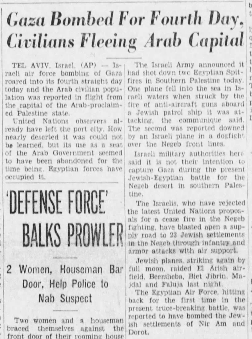 Gaza Bombed For Fourth Day, Civilians Fleeing Arab Capital — Standard Star, 19 October 1948
