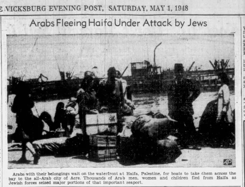 Arabs Fleeing Haifa Under Attack by Jews — Vicksburg Evening Post, 1 May 1948