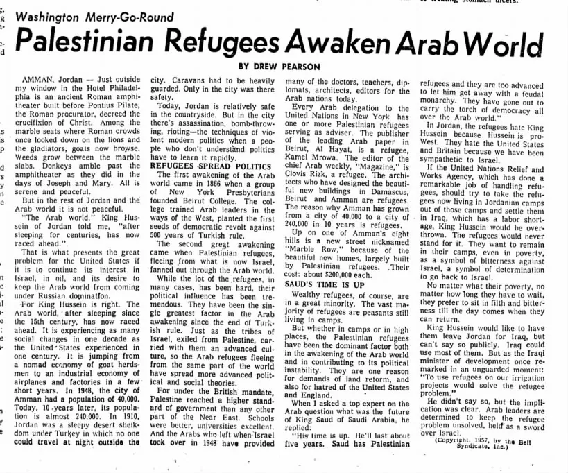 Palestinian Refugees Awaken Arab World — Freeport Journal-Standard, 1 October 1957