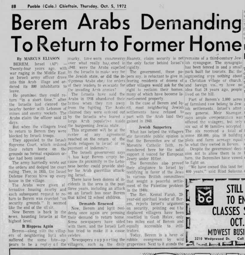 Berem Arabs Demanding To Return to Former Home — Pueblo Chieftain, 5 October 1972