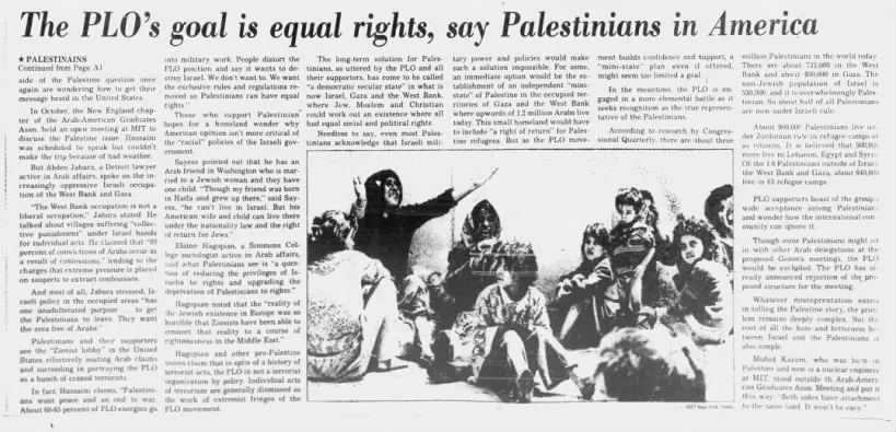 The PLO’s goal is equal rights, say Palestinians in America — The Boston Globe, 4 December 1977