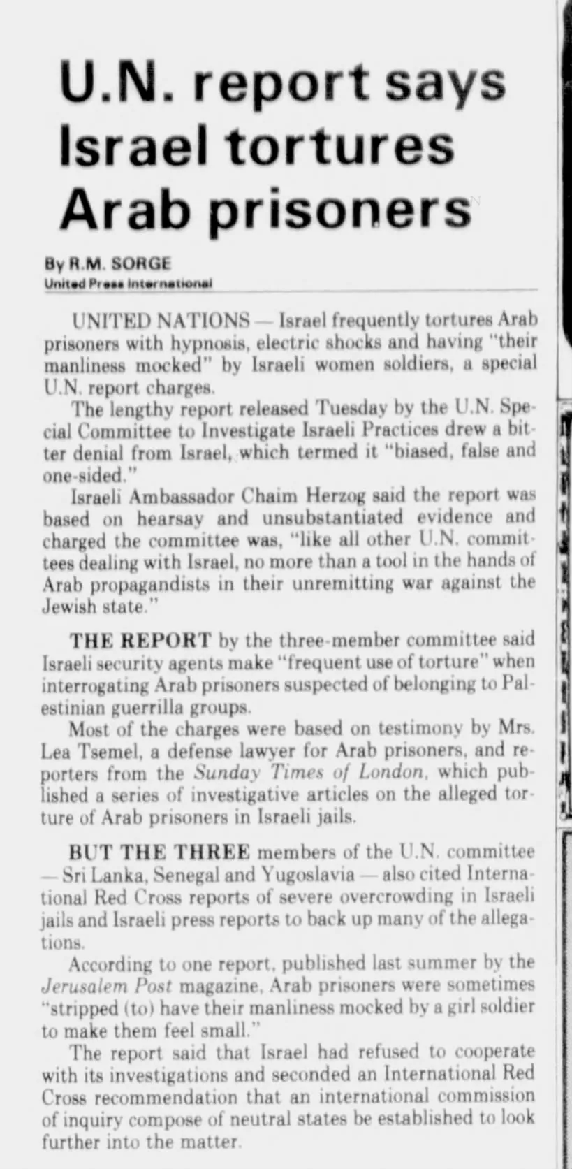 U.N. report says Israel tortures Arab prisoners — Tampa Bay Times, 10 November 1977
