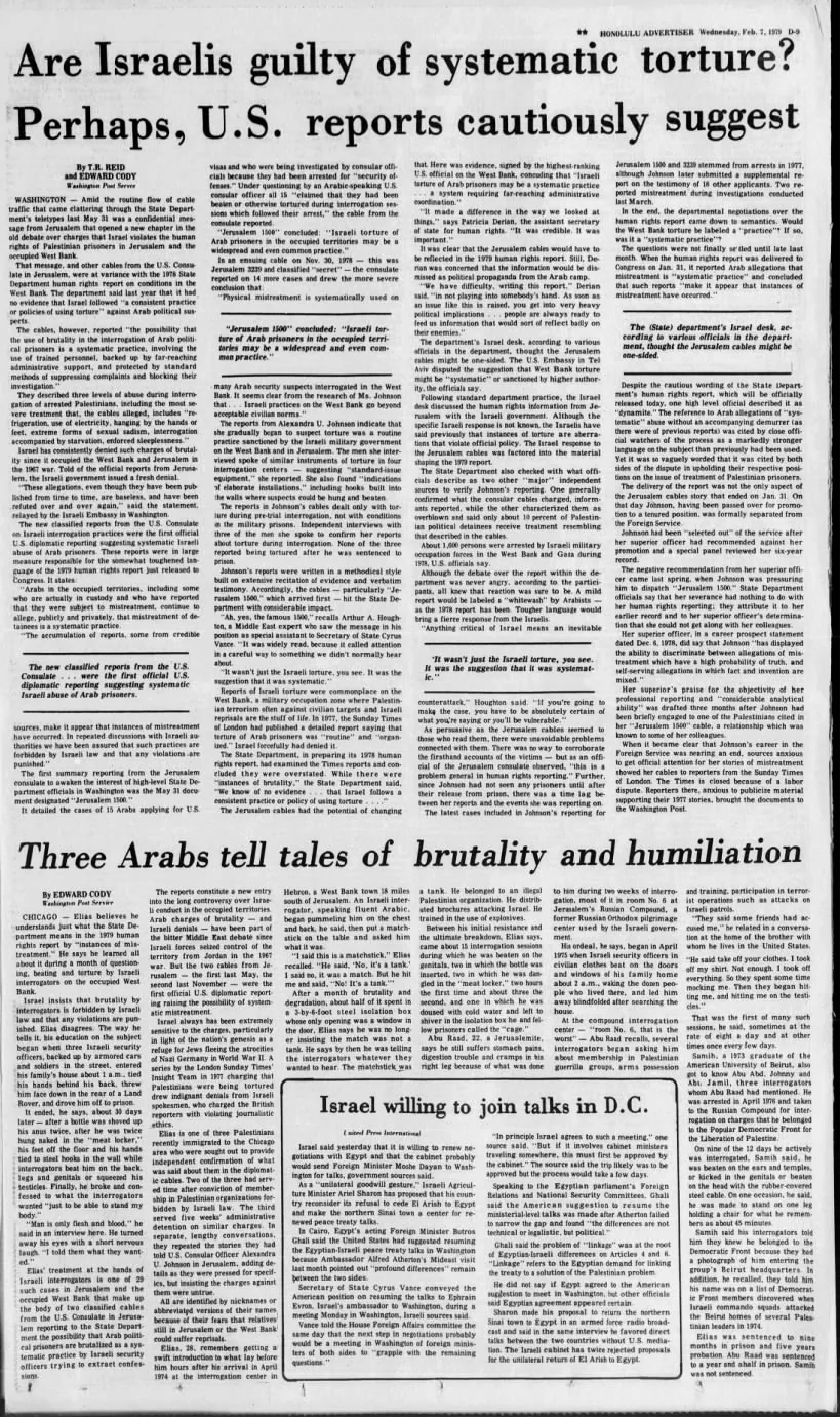 Are Israelis guilty of systematic torture? Perhaps, U.S. reports cautiously suggest — Honolulu Advertiser, 7 February 1979