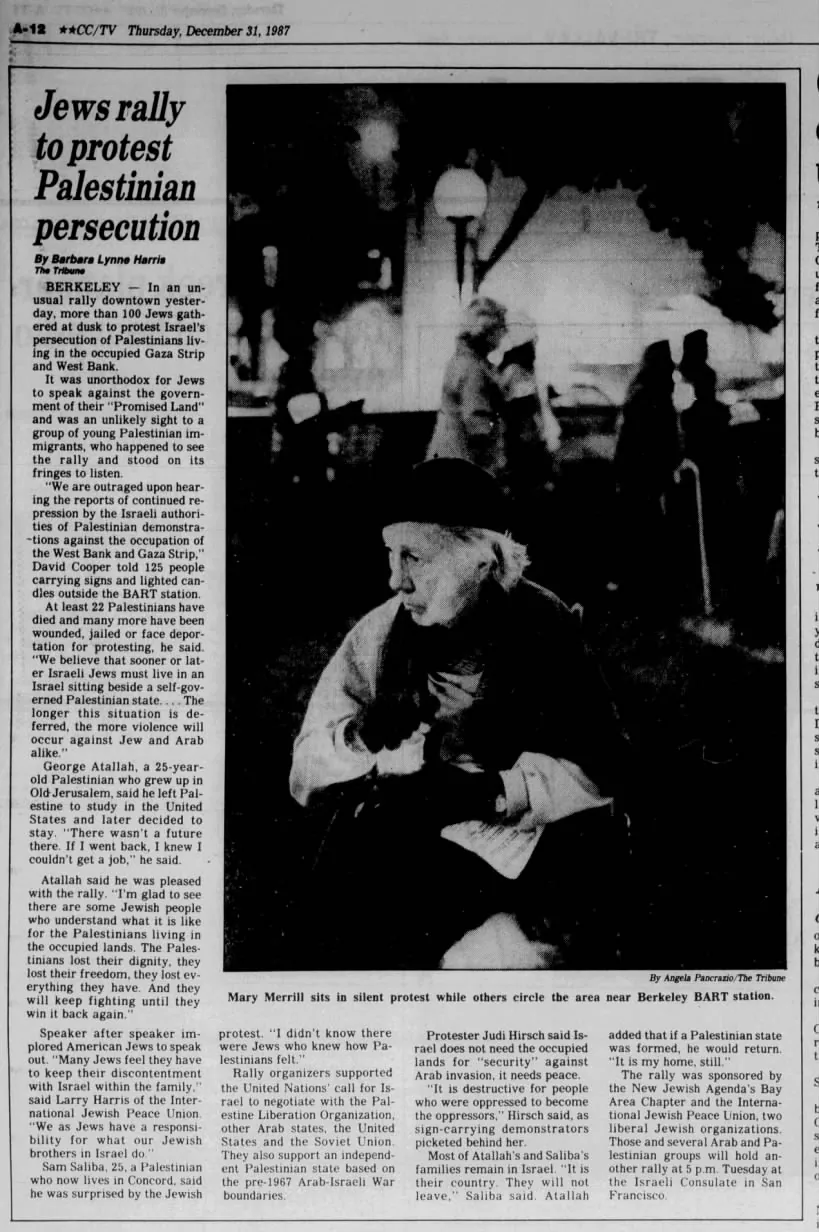 Jews rally to protest Palestinian persecution — Oakland Tribune, 31 December 1987