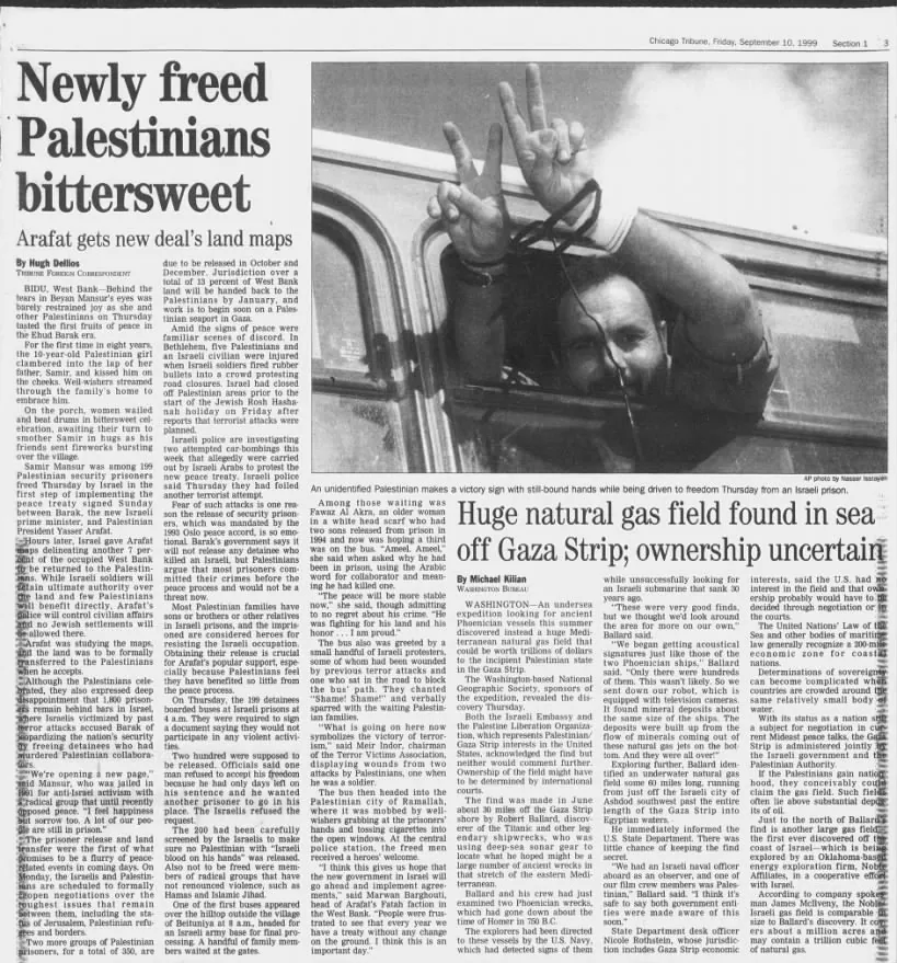 Newly freed Palestinians bittersweet — Chicago Tribune, 10 September 1999