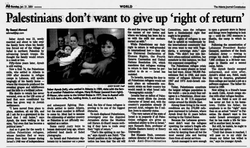 Palestinians don’t want to give up ‘right of return’ — The Atlanta Journal-Constitution, 21 January 2001