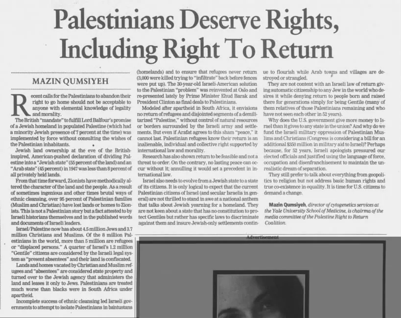 Palestinians Deserve Rights, Including Right To Return — Hartford Courant, 23 January 2001