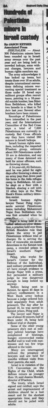 Hundreds of Palestinian minors in Israeli custody — The Brainerd Dispatch, 17 April 2003