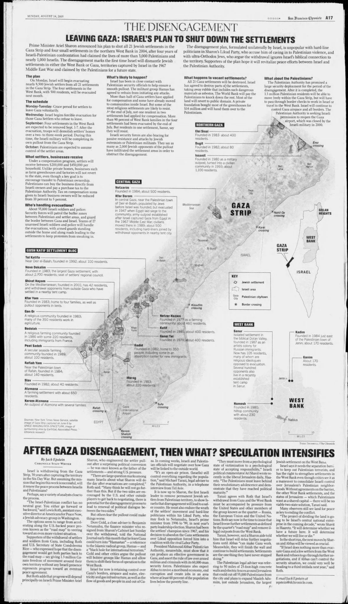 Leaving Gaza: Israel's plan to shut down the settlements &mdash; San Francisco Chronicle, 14 August 2005