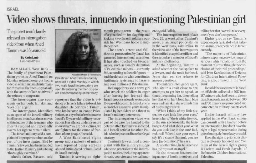 Video shows threats, innuendo in questioning Palestinian girl — Roanoke Times, 10 April 2018