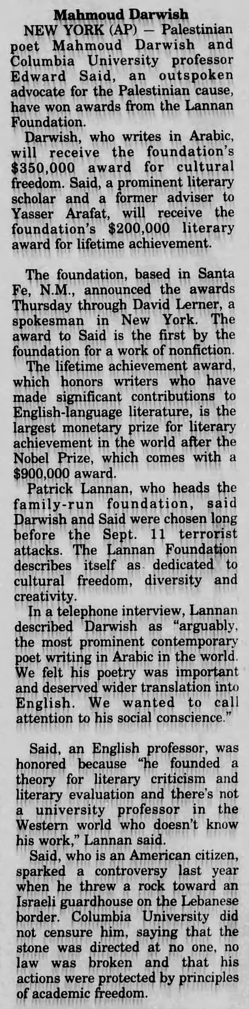 Mahmoud Darwish — Madison Daily Leader, 26 October 2001