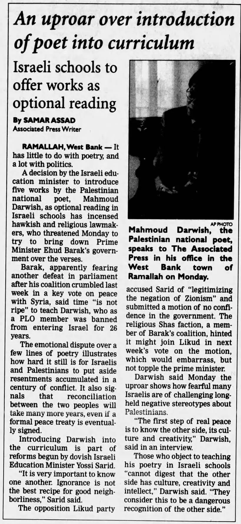 An uproar over introduction of poet into curriculum — The News Virginian, 7 March 2000