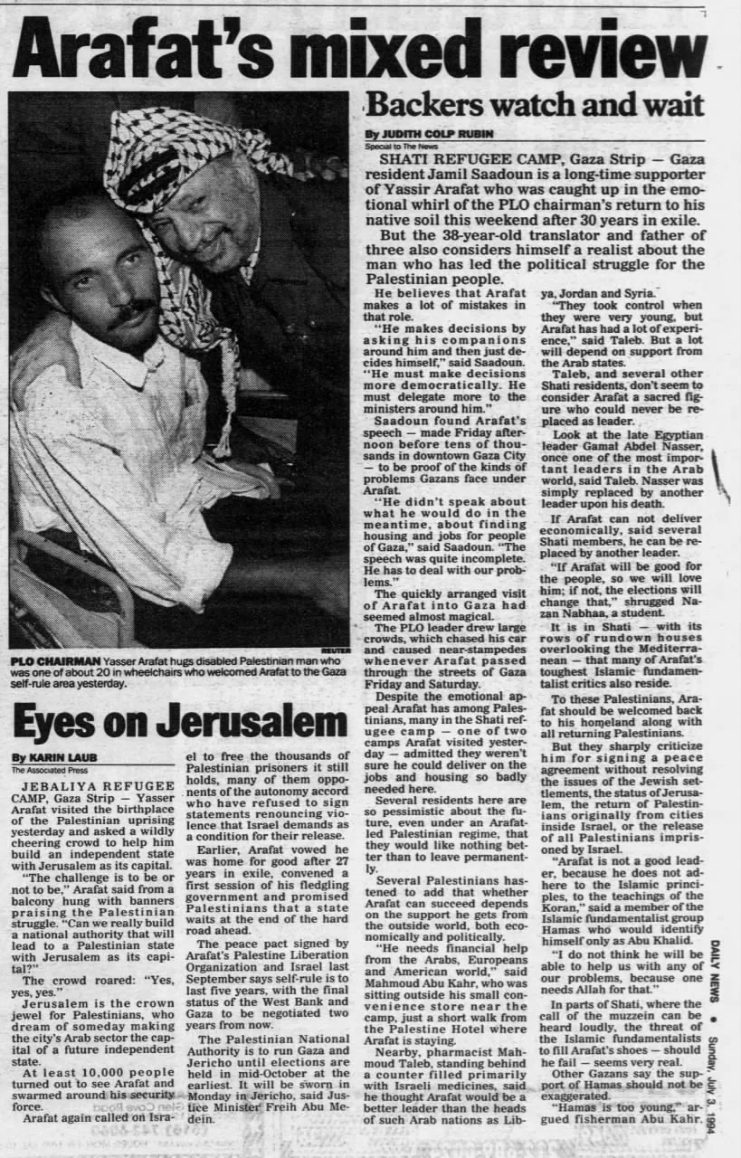 Arafat’s mixed review — Daily News, 3 July 1994