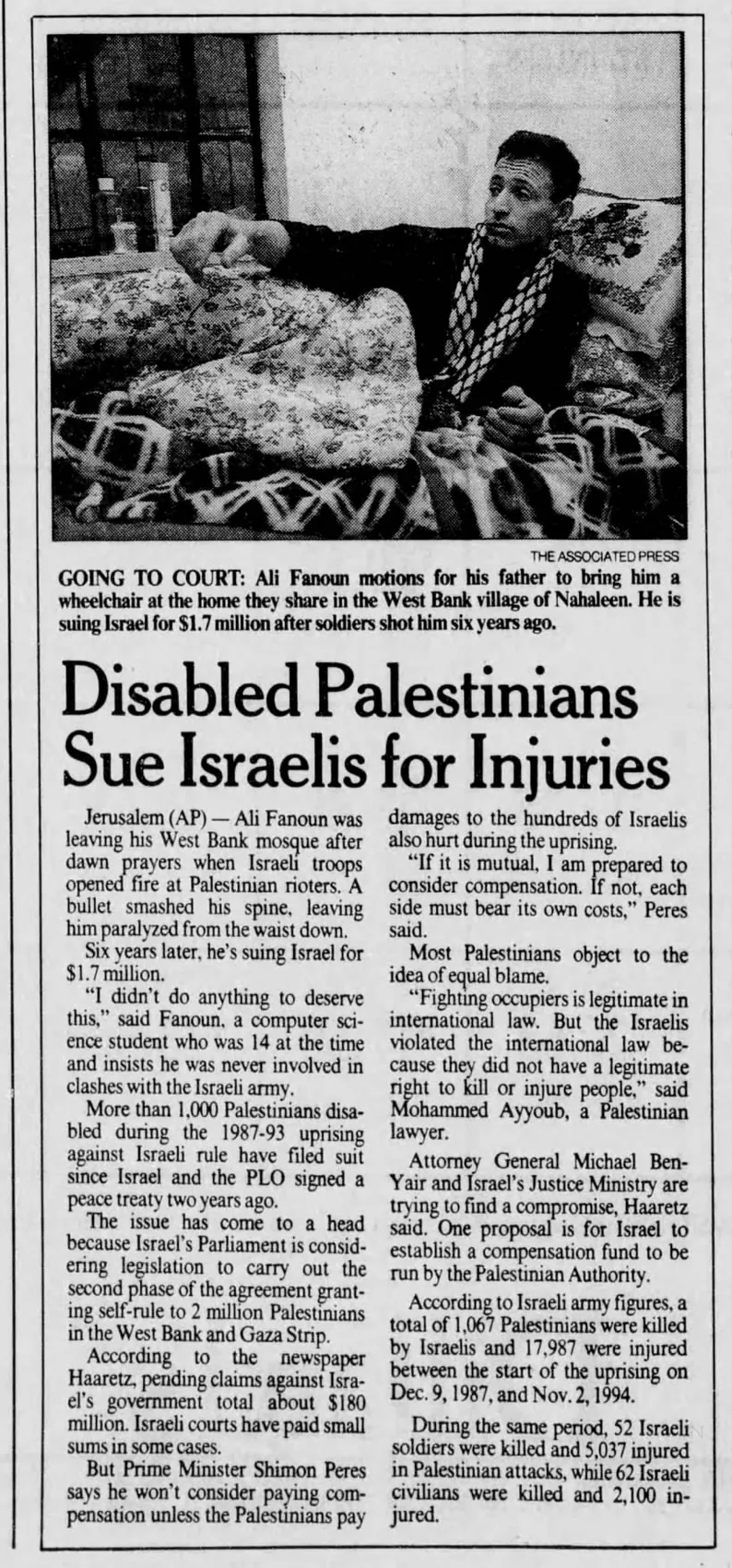 Disabled Palestinians Sue Israelis for Injuries — Omaha World-Herald, 3 January 1996