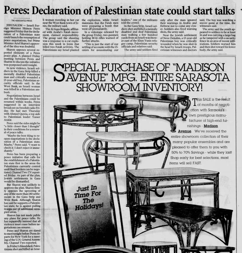 Peres: Declaration of Palestinian state could start talks — Sarasota Herald-Tribune, 10 November 2001