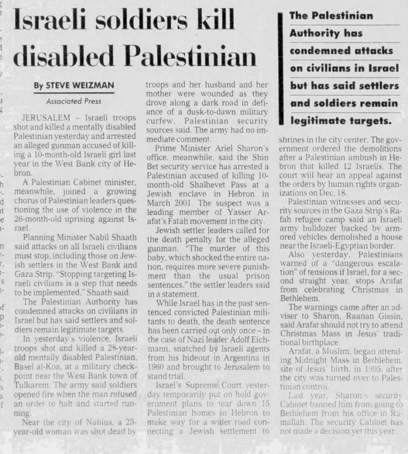 Israeli soldiers kill disabled Palestinian — (newspaper unidentified), 10 December 2002