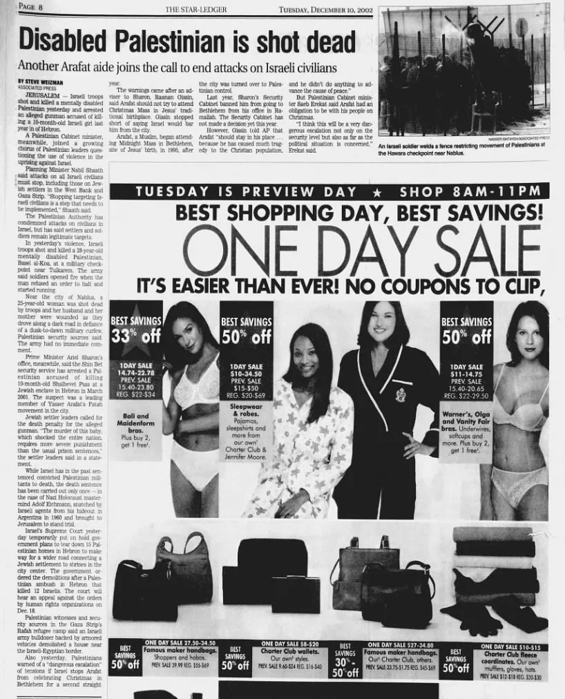 Disabled Palestinian is shot dead — The Star-Ledger, 10 December 2002