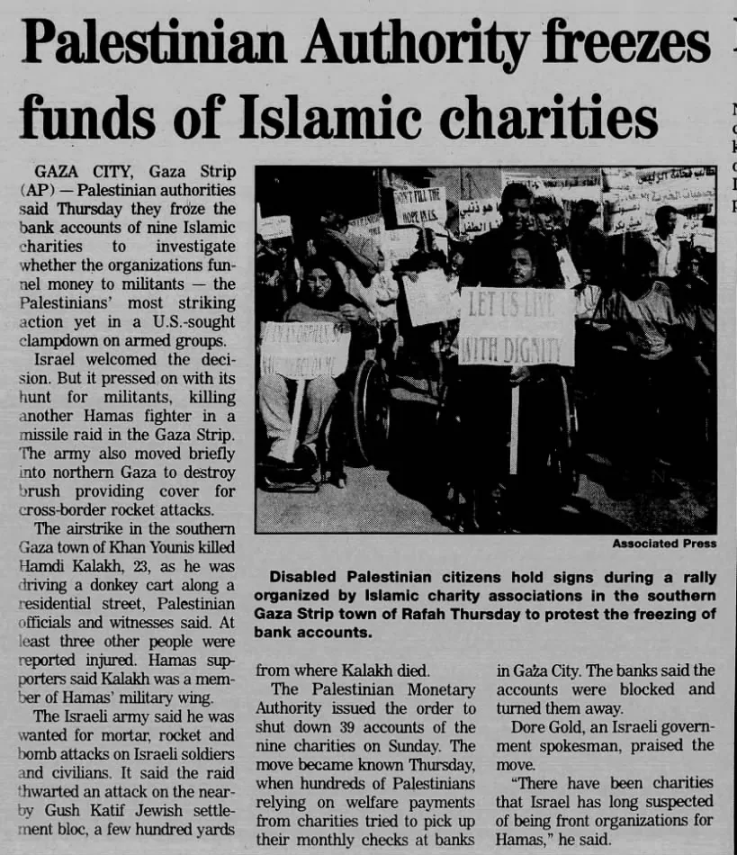 Palestinian Authority freezes funds of Islamic charities — The Herald-Mail, 29 August 2003