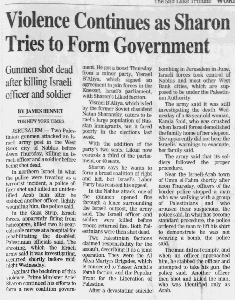Violence Continues as Sharon Tries to Form Government — The Salt Lake Tribune, 7 February 2003