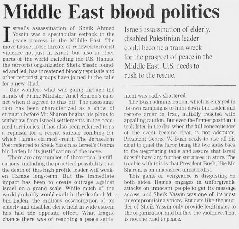 Middle East blood politics — The Day, 21 March 2004