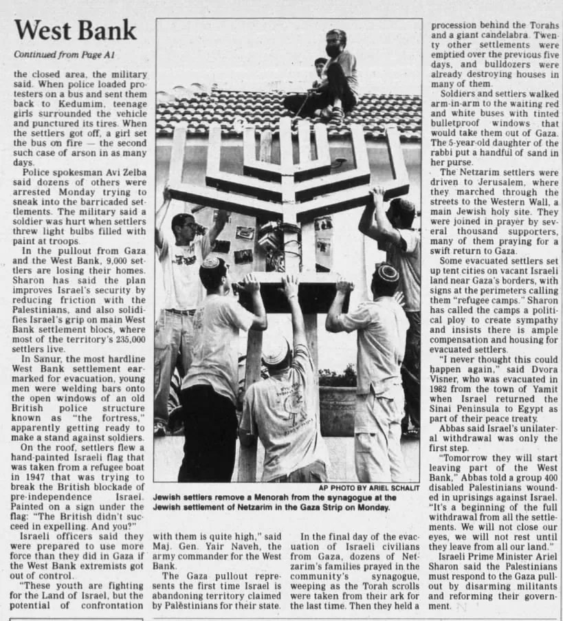 Settlers resist as Israel completes Gaza pullout — Bangor Daily News, 23 August 2005