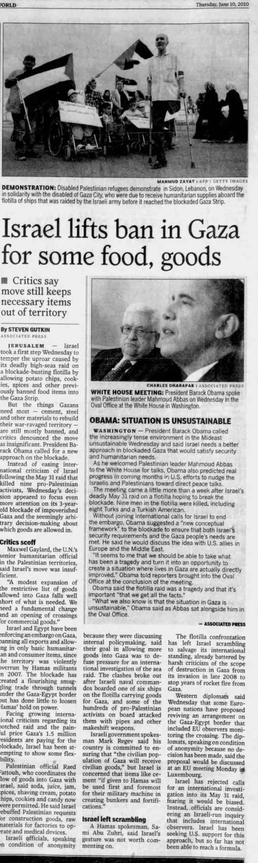 Israel lifts ban in Gaza for some food, goods — Houston Chronicle, 10 June 2010