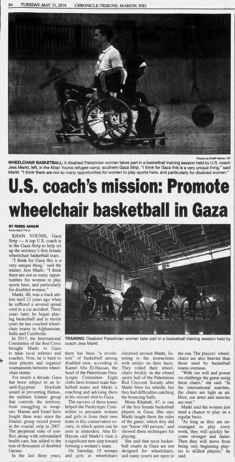 U.S. coach’s mission: Promote wheelchair basketball in Gaza — Chronicle-Tribune, 31 May 2016