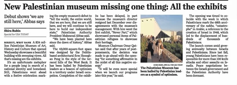 New Palestinian museum missing one thing: All the exhibits — Victoria Advocate, 19 May 2016