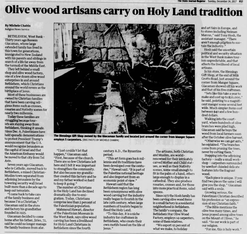 Olive wood artisans carry on Holy Land tradition — The State Journal-Register, 24 December 2017