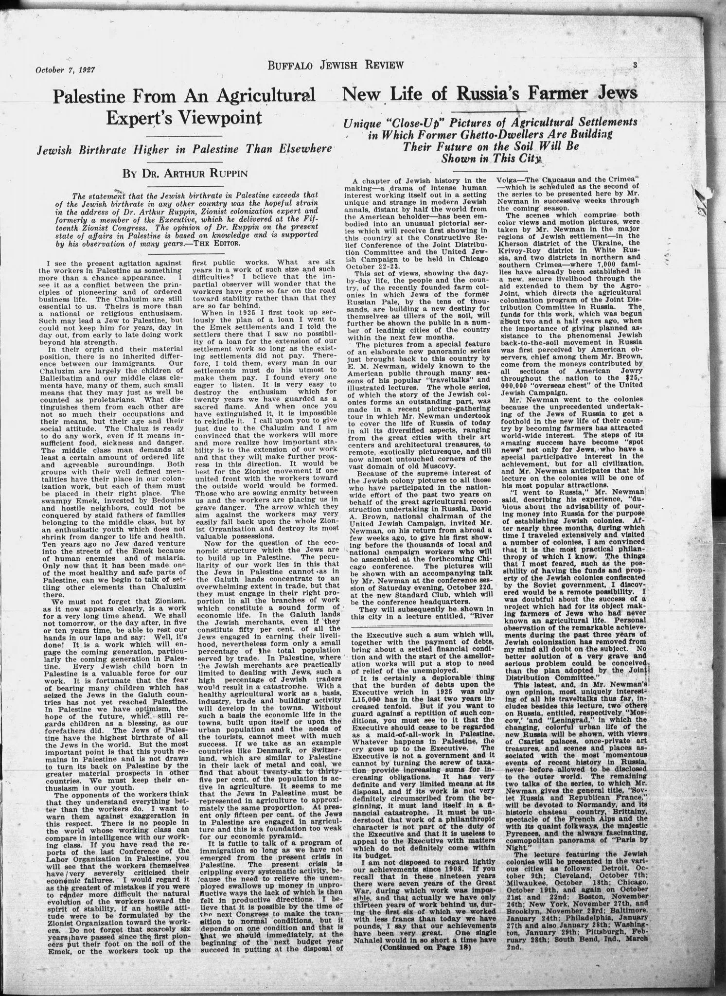 Palestine From An Agricultural Expert’s Viewpoint — Buffalo Jewish Review, 7 October 1927