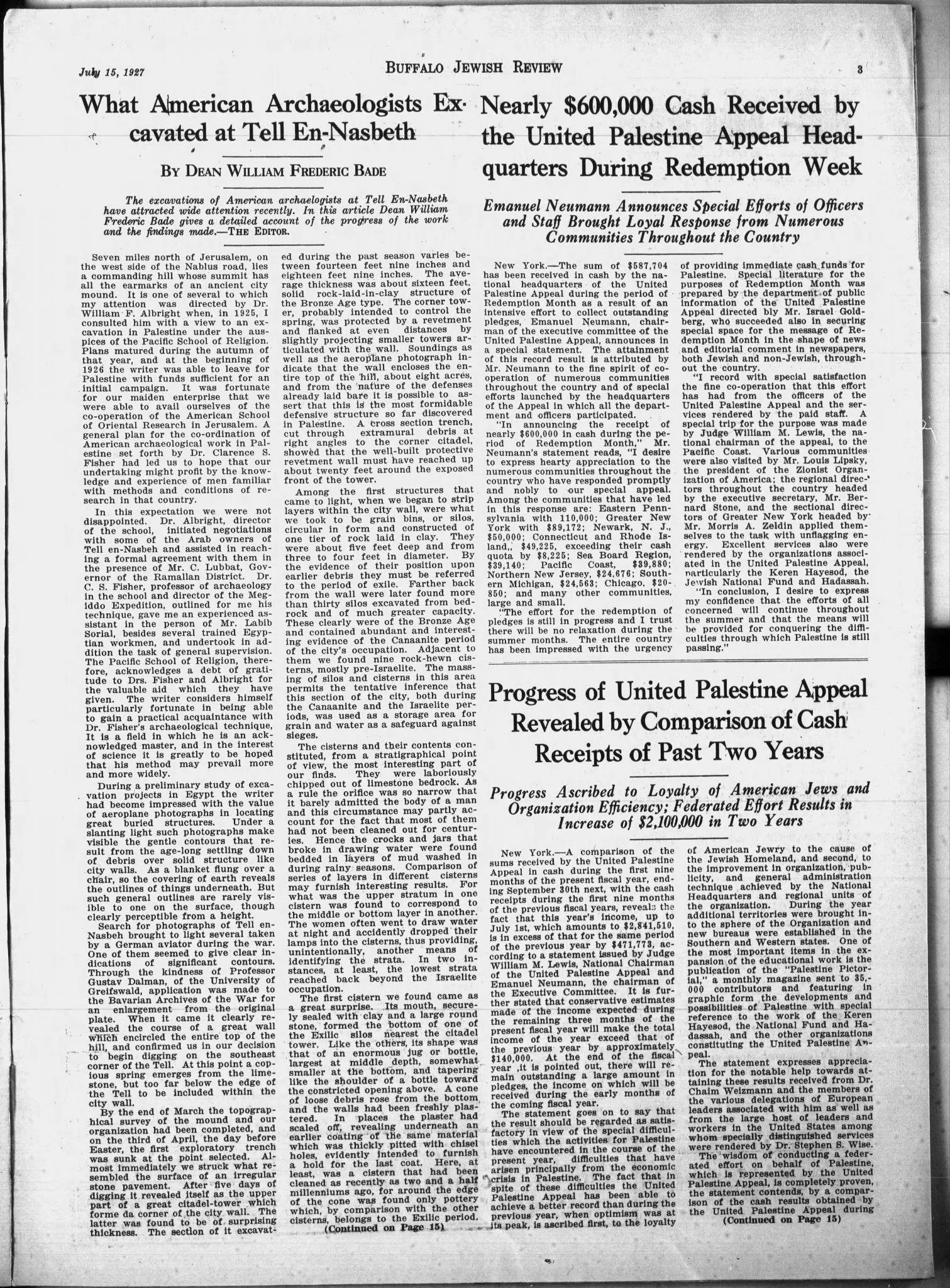 What American Archaeologists Excavated at Tell En-Nasbeth — Buffalo Jewish Review, 15 July 1927
