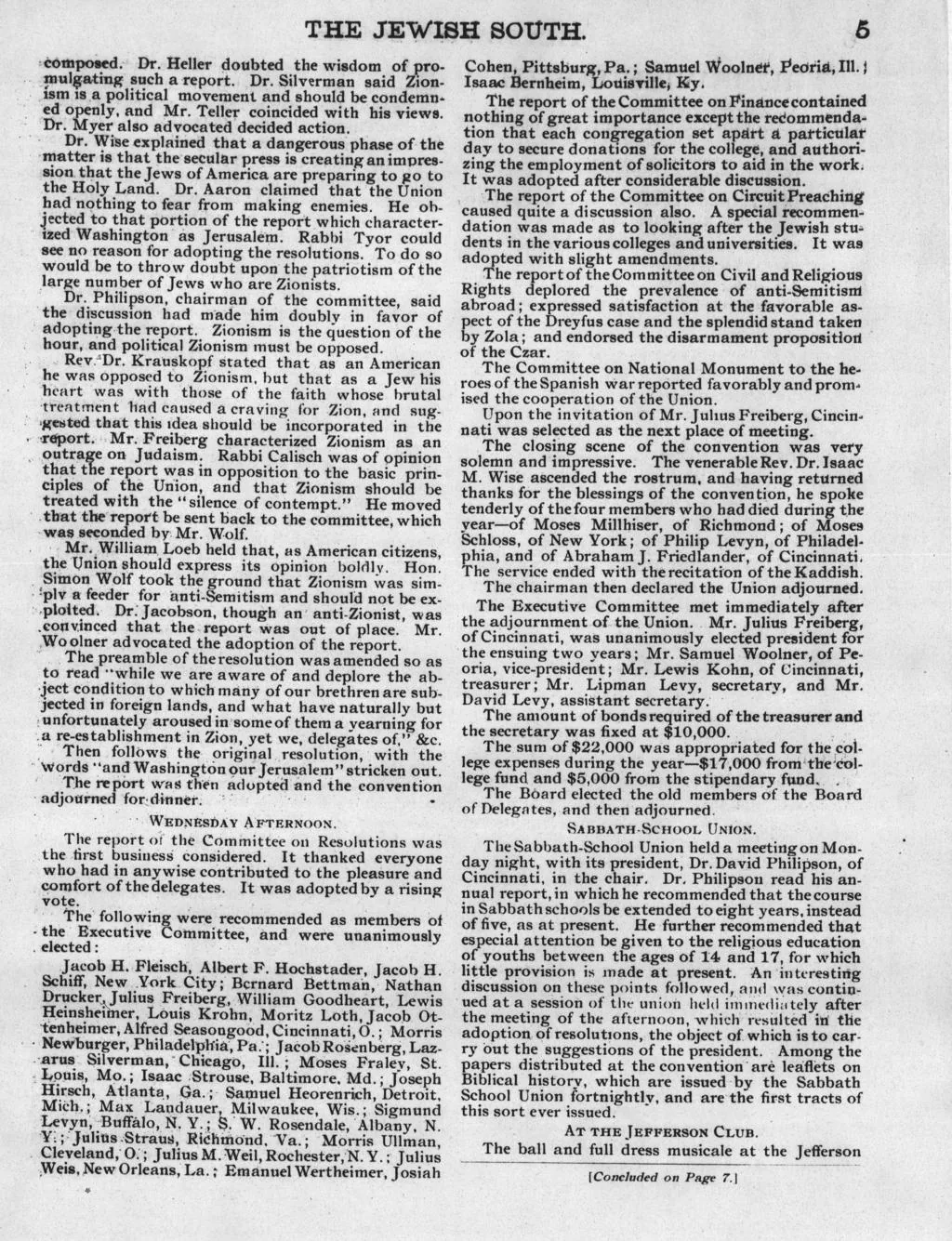 Union of American Hebrew Congregations debates Zionism &mdash; THE JEWISH SOUTH, 9 December 1898