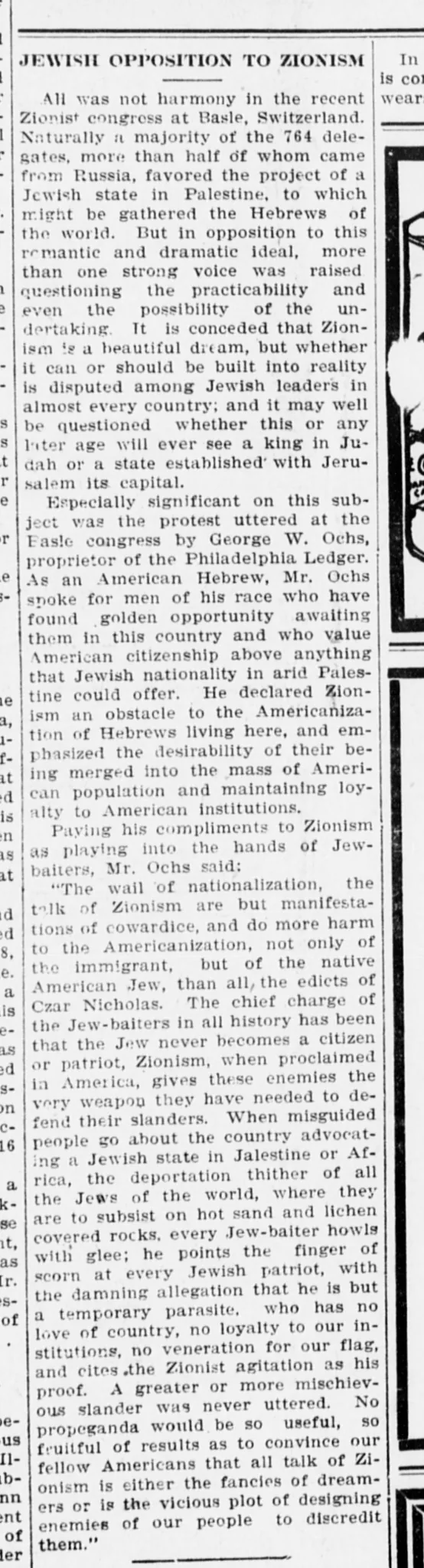 JEWISH OPPOSITION TO ZIONISM &mdash; East Oregonian, 5 February 1907