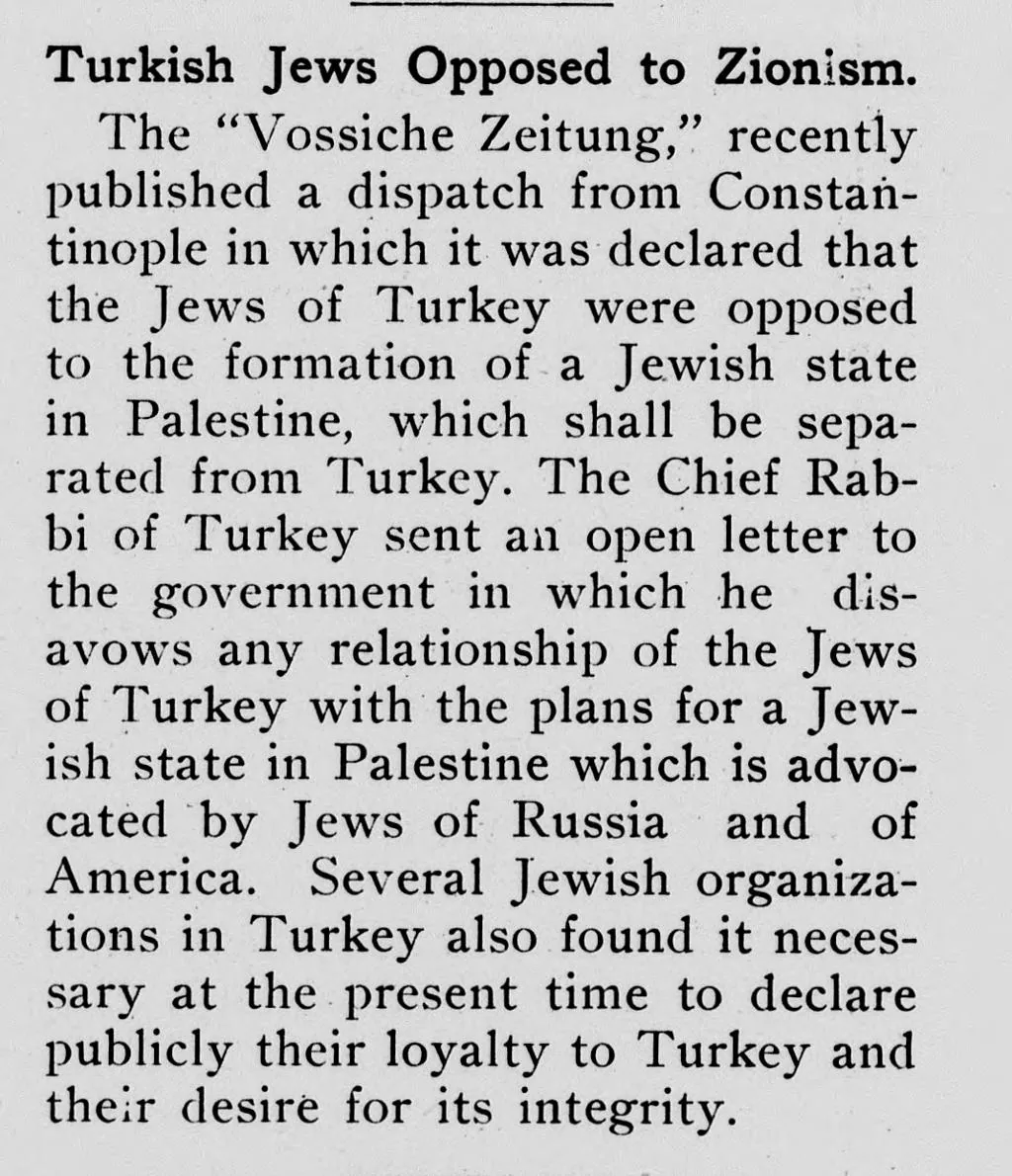 Turkish Jews Opposed to Zionism. &mdash; The American Jewish World, 7 September 1917