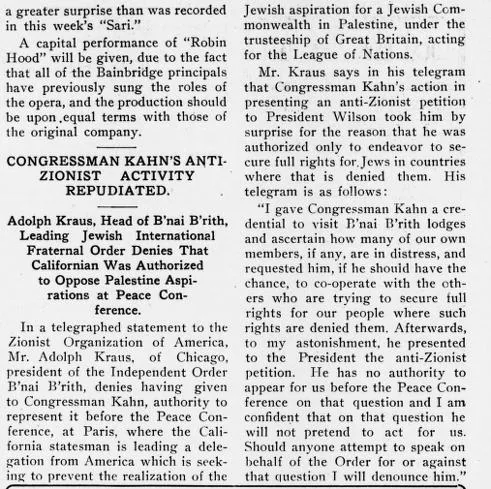 CONGRESSMAN KAHN’S ANTI-ZIONIST ACTIVITY REPUDIATED. &mdash; The American Jewish World, 2 May 1919