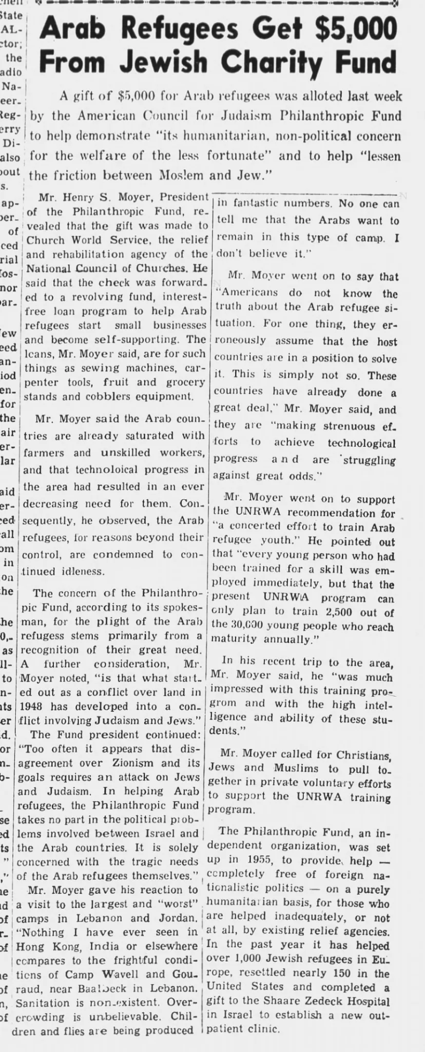 Arab Refugees Get $5,000 From Jewish Charity Fund &mdash; THE CARAVAN, 14 December 1961