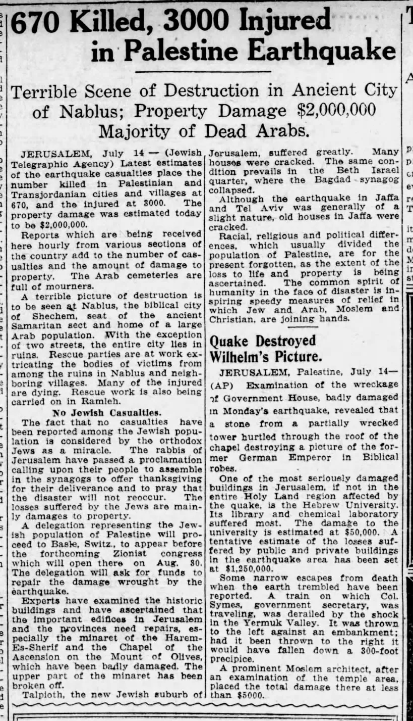 670 Killed, 3000 Injured in Palestine Earthquake — The Morning Union, 15 July 1927