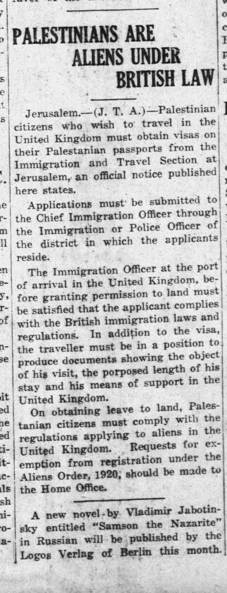 Palestinians Are Aliens Under British Law — The Jewish Press, 29 December 1927